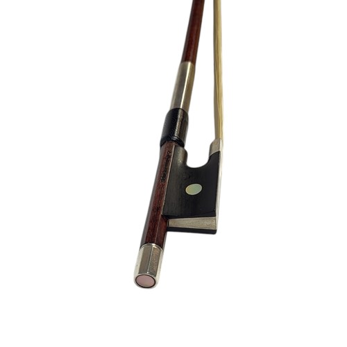 398 - ARTHUR RICHARD BULTITUDE, A SILVER VIOLIN BOW
Round stick, ebony frog, pearl eye, stamped ‘A.R. Bult... 