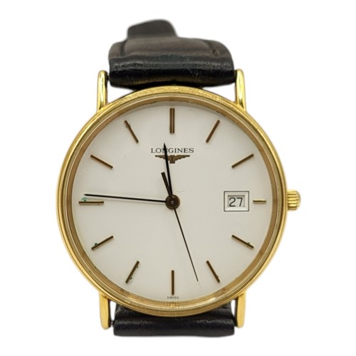 40A - LONGINES, A VINTAGE GOLD PLATED GENTS WRISTWATCH
Having a white tone dial with calendar window, on a... 