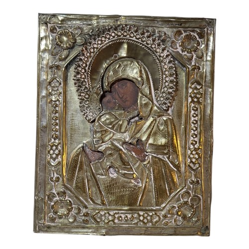 218 - AN EARLY 19TH CENTURY RUSSIAN ORTHODOX ICON, VIRGIN OF VLADIMIR, MOTHER OF GOD AND BABY JESUS, CIRCA... 