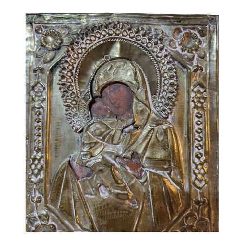 218 - AN EARLY 19TH CENTURY RUSSIAN ORTHODOX ICON, VIRGIN OF VLADIMIR, MOTHER OF GOD AND BABY JESUS, CIRCA... 