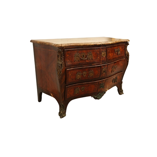 401 - AN 18TH CENTURY BALTIC BOMBE COMMODE
in rosewood and kingwood with gilt brass mounts, the red marble... 