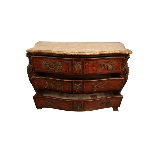 401 - AN 18TH CENTURY BALTIC BOMBE COMMODE
in rosewood and kingwood with gilt brass mounts, the red marble... 