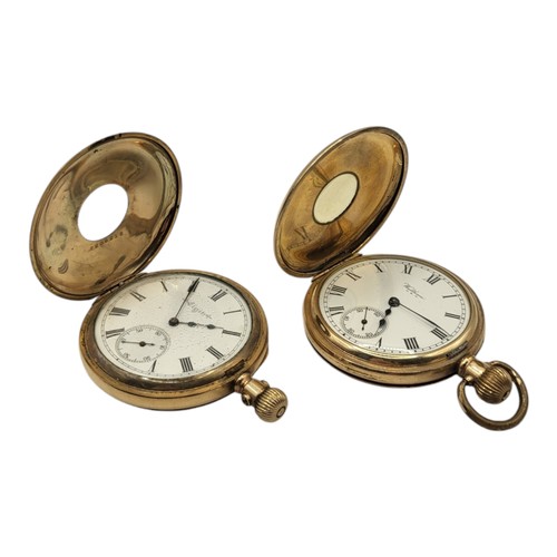 62A - TWO EARLY 20TH CENTURY AMERICAN GOLD PLATED DEMI HUNTER GENTS POCKET WATCHES
Elgin and Waltham, scre... 