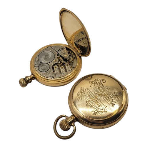 62A - TWO EARLY 20TH CENTURY AMERICAN GOLD PLATED DEMI HUNTER GENTS POCKET WATCHES
Elgin and Waltham, scre... 