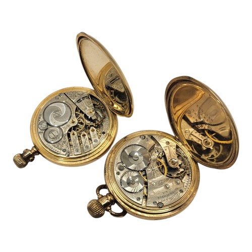 62A - TWO EARLY 20TH CENTURY AMERICAN GOLD PLATED DEMI HUNTER GENTS POCKET WATCHES
Elgin and Waltham, scre... 