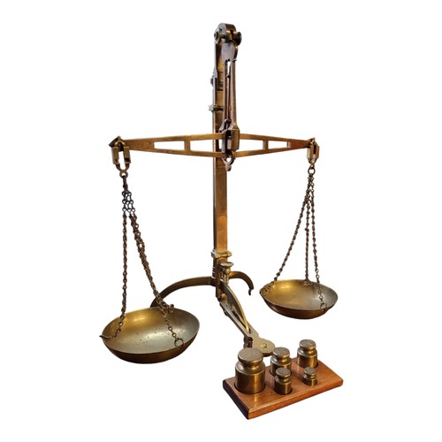 289 - A SET OF 19TH CENTURY BRASS BANKER’S SCALES AND WEIGHTS
Twin pans and five weights on mahogany base,... 