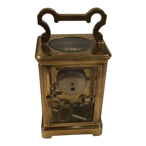 383 - A LATE 19TH EARLY 20TH CENTURY FRENCH BRASS CASED CARRIAGE CLOCK TIMEPIECE ALARM
Complete with key.
... 