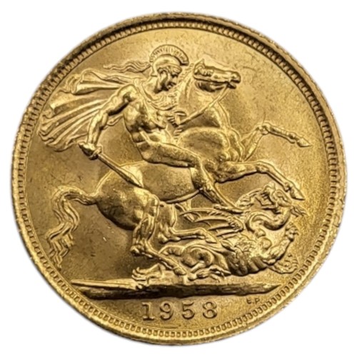 80A - A QUEEN ELIZABETH II 22CT GOLD FULL SOVEREIGN COIN, DATED 1958 
With King George and dragon to rever... 