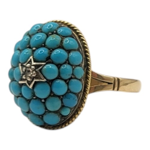 88A - A 19TH CENTURY YELLOW METAL AND TURQUOISE RING
The central diamond edged with turquoise stones formi... 