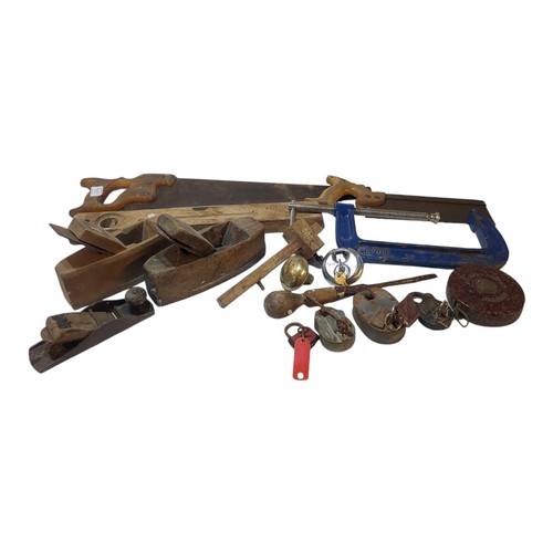 254 - A SMALL COLLECTION OF CARPENTERS TOOLS AND ACCESSORIES
Including parallel sided wood and steel smoot... 