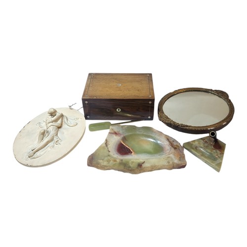 255 - A VICTORIAN MAHOGANY MOTHER OF PEARL INLAID WORK BOX AND COVER
With various items, onyx pen holder l... 