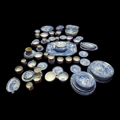 132 - AN EXTENSIVE SPODE OF STAFFORDSHIRE BLUE AND WHITE  TRANSFER PRINTED ITALIAN PATTERN SEMI PORCELAIN ... 