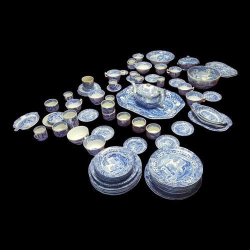 132 - AN EXTENSIVE SPODE OF STAFFORDSHIRE BLUE AND WHITE  TRANSFER PRINTED ITALIAN PATTERN SEMI PORCELAIN ... 