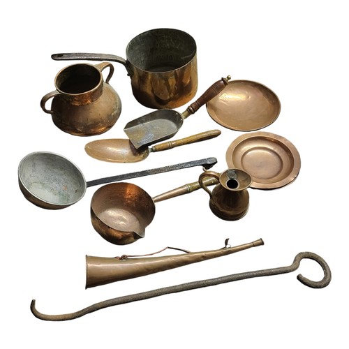 508 - A COLLECTION OF VICTORIAN HEAVY GAUGE COPPER UTENSILS
To include ladles, a large jug, saucepan and t... 