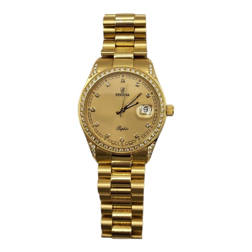 32A - FESTINA, AN 18CT GOLD AND DIAMOND GENT’S WRISTWATCH
Having a gold tone dial with character window ma... 