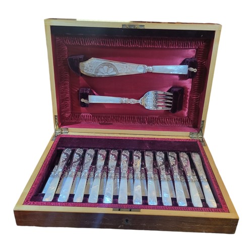 91B - L&W, BIRMINGHAM MAKER, A FINE LATE VICTORIAN SILVER PLATED MAHOGANY CASED COMPLETE FISH CUTLERY SET ... 