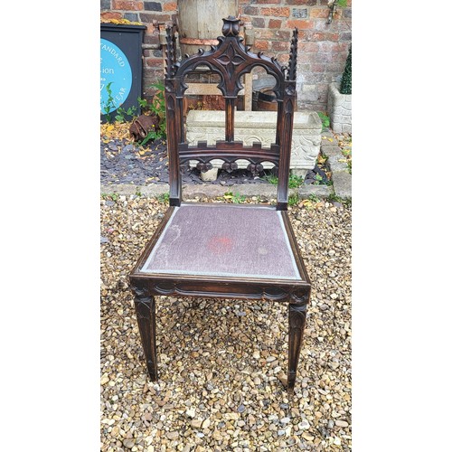 488 - A 19TH CENTURY FRENCH BEECHWOOD GOTHIC STANDARD CHAIR
With later velvet upholstered seat.
(47cm x 42... 