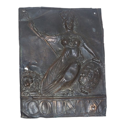 263 - A 19TH CENTURY COPPER FIRE INSURANCE PLAQUE
Embossed with Britannia and the lion and ‘County’.
(appr... 