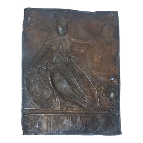 263 - A 19TH CENTURY COPPER FIRE INSURANCE PLAQUE
Embossed with Britannia and the lion and ‘County’.
(appr... 