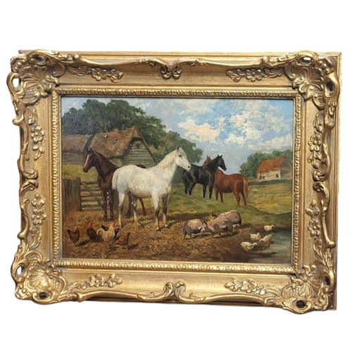 300 - CIRCULAR OF JOHN FREDRICK HERRING, A 19TH CENTURY OIL ON CANVAS
Farm scene, horses, pigs, chickens a... 