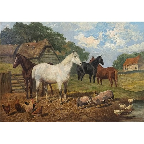 300 - CIRCULAR OF JOHN FREDRICK HERRING, A 19TH CENTURY OIL ON CANVAS
Farm scene, horses, pigs, chickens a... 