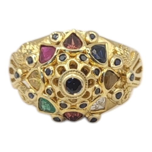 21 - A VINTAGE 14CT GOLD AND MULTI GEM ‘TUTTI FRUTTI’’ RIN
The central round cut sapphire edged with diam... 