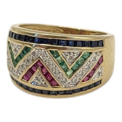 22 - A VINTAGE 9CT GOLD AND MULTI GEM SET RING
Having an arrangement of diamonds, sapphires and emeralds ... 