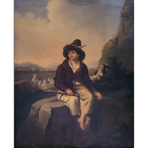 311 - AFTER PERCY WILLIAMS, 1798 - 1885, AN OVERPAINTED PRINT ON BOARD 
Titled ‘Italian Boy/Shepherd at Re... 