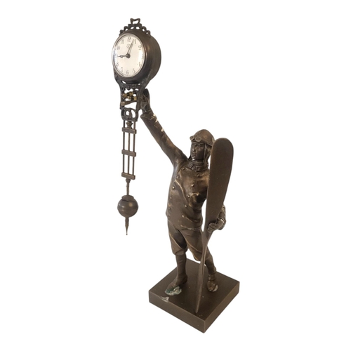 232 - A BRONZE FIGURAL MYSTERY CLOCK IN THE FORM OF A WWII AIRMAN.
(38cm)


Condition: good