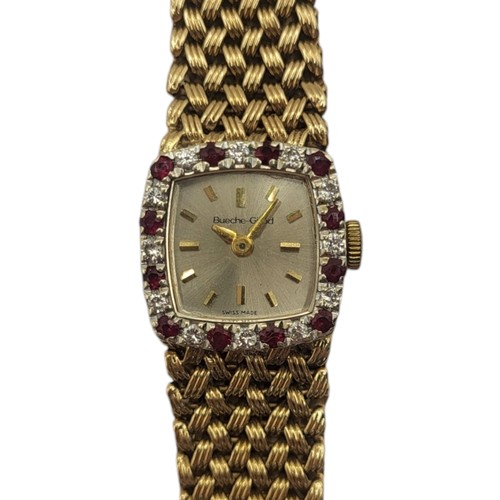 133 - BEUCHE GIROD, A VINTAGE 9CT GOLD DIAMOND AND RUBY LADIES WRISTWATCH
Square form with ruby and diamon... 