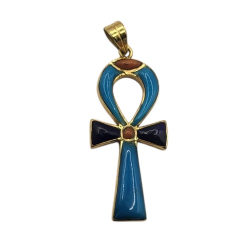 126 - AN EGYPTIAN 18CT GOLD AND CORAL ‘ANKH’ PENDANT
Set with cabochon cut coral in blue enamel.
(approx 4... 