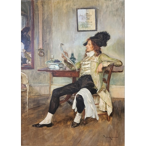 320 - WILLIAM DOUGLAS ALMOND, 1868 - 1916, OIL ON CANVAS, PORTRAIT OF A DANDY
Seated pose reading a menu w... 