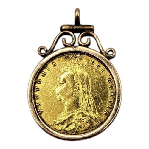 100A - A VICTORIAN 22CT GOLD HALF SOVEREIGN PENDANT, DATED 1887 
With veiled portrait and shield back, in y... 