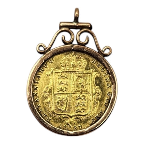 100A - A VICTORIAN 22CT GOLD HALF SOVEREIGN PENDANT, DATED 1887 
With veiled portrait and shield back, in y... 