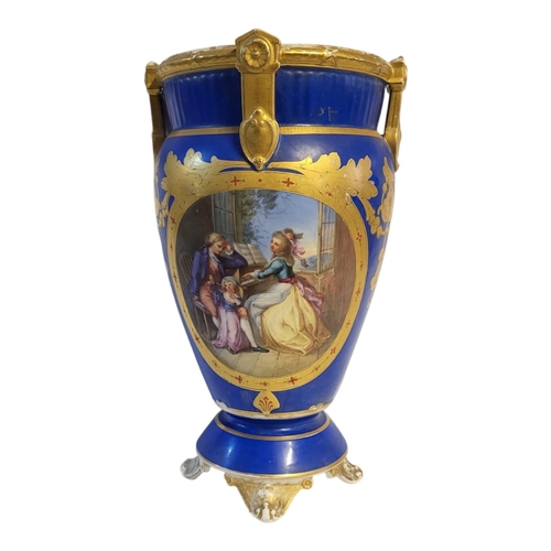 205 - A 19TH CENTURY PARIS PORCELAIN SEVRES STYLE HARD PASTE PORCELAIN BLUE CELESTE JEWELLED PEDESTAL VASE... 