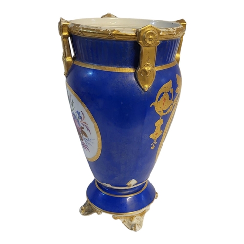 205 - A 19TH CENTURY PARIS PORCELAIN SEVRES STYLE HARD PASTE PORCELAIN BLUE CELESTE JEWELLED PEDESTAL VASE... 