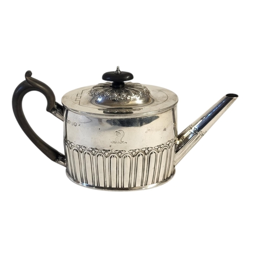 123 - A LATE VICTORIAN GEORGE III SHAPE OVAL SOLID STERLING SILVER TEAPOT AND COVER, LONDON, 1887
Base imp... 