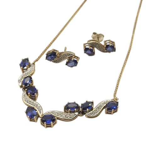 20 - A 14CT GOLD, SAPPHIRE AND DIAMOND NECKLACE AND EARRINGS SET
Set with oval cut sapphires interspersed... 