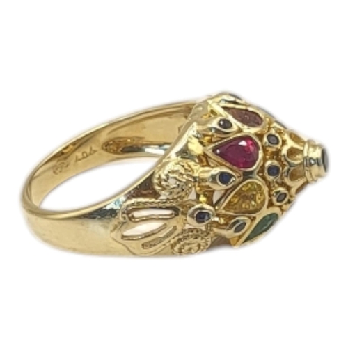 21 - A VINTAGE 14CT GOLD AND MULTI GEM ‘TUTTI FRUTTI’’ RIN
The central round cut sapphire edged with diam... 