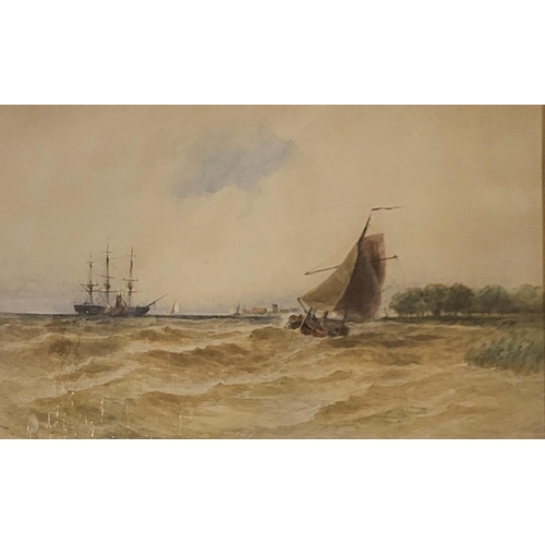 301 - THOMAS BUSH HARDY, ENGLISH, 1842 - 1897, A LARGE 19TH CENTURY WATERCOLOUR 
Titled ‘The Estuary’, 187... 