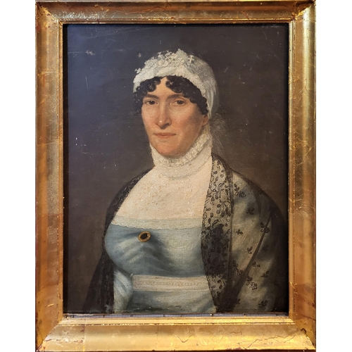 303 - A REGENCY OIL ON CANVAS, PORTRAIT OF A LADY
Wearing a lace cap and sky blue dress, gilt framed.
(ima... 