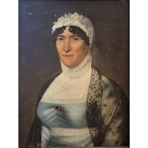 303 - A REGENCY OIL ON CANVAS, PORTRAIT OF A LADY
Wearing a lace cap and sky blue dress, gilt framed.
(ima... 