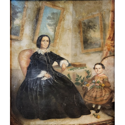 305 - A VICTORIAN OIL ON CANVAS, PORTRAIT OF A MOTHER AND CHILD
Seated pose, child clutching a floral bask... 