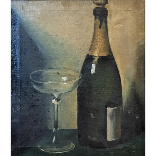 306 - AN EARLY 20TH CENTURY OIL ON CANVAS, STILL LIFE
Bottle of champagne and glass, signed lower right ‘M... 