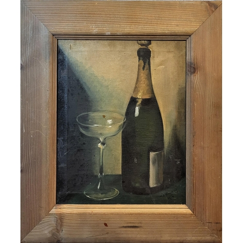 306 - AN EARLY 20TH CENTURY OIL ON CANVAS, STILL LIFE
Bottle of champagne and glass, signed lower right ‘M... 