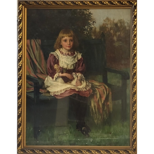 322 - CHARLES HAIGH-WOOD, 1856 - 1927, A VICTORIAN OIL ON CANVAS 
Portrait of a child, seated pose clutchi... 