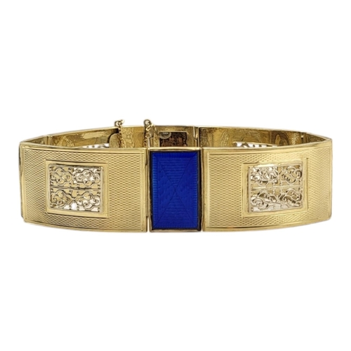 38 - A CONTINENTAL 14CT YELLOW METAL AND ENAMEL BRACELET
The rectangular blue guilloché enamel panels wit... 