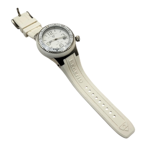 54 - SWISS, LEGEND, A VINTAGE OVERSIZE STAINLESS STEEL LADIES’ WRISTWATCH
White enamel bezel and white ru... 