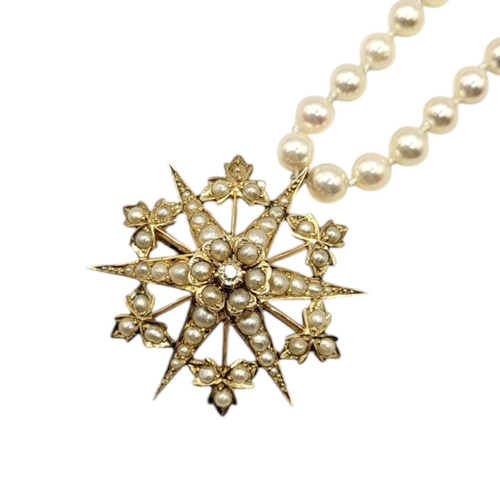 90 - A VINTAGE 9CT GOLD DIAMOND, SEED PEARL AND PEARL NECKLACE
The star form pendant having a central dia... 