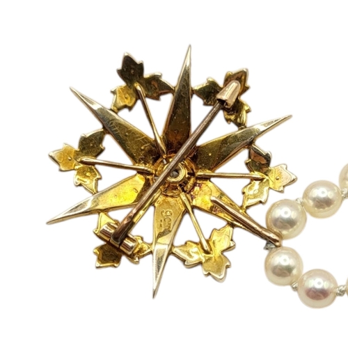 90 - A VINTAGE 9CT GOLD DIAMOND, SEED PEARL AND PEARL NECKLACE
The star form pendant having a central dia... 